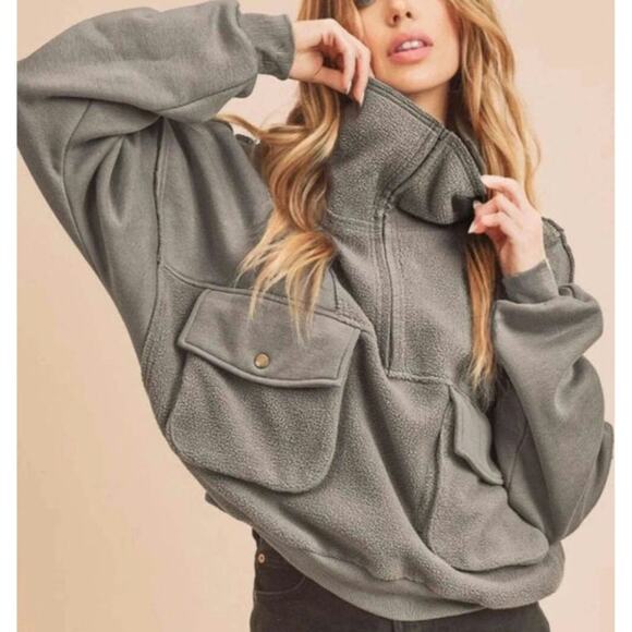 Aemi + Co Gray Half Zip Sweatshirt Exposed Seams Trendy Fall Streetwear Cozy S - Picture 8 of 15